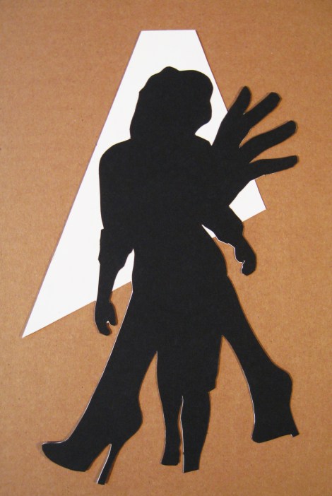 collage made of black cut paper in a silhouetted shape with a large white triangle in the background; silhouette is of a walking woman wearing a skirt-and-jacket business suit, juxtaposed with an additional and larger-scale pair of legs wearing high heels and a large hand appearing to extend from one shoulder