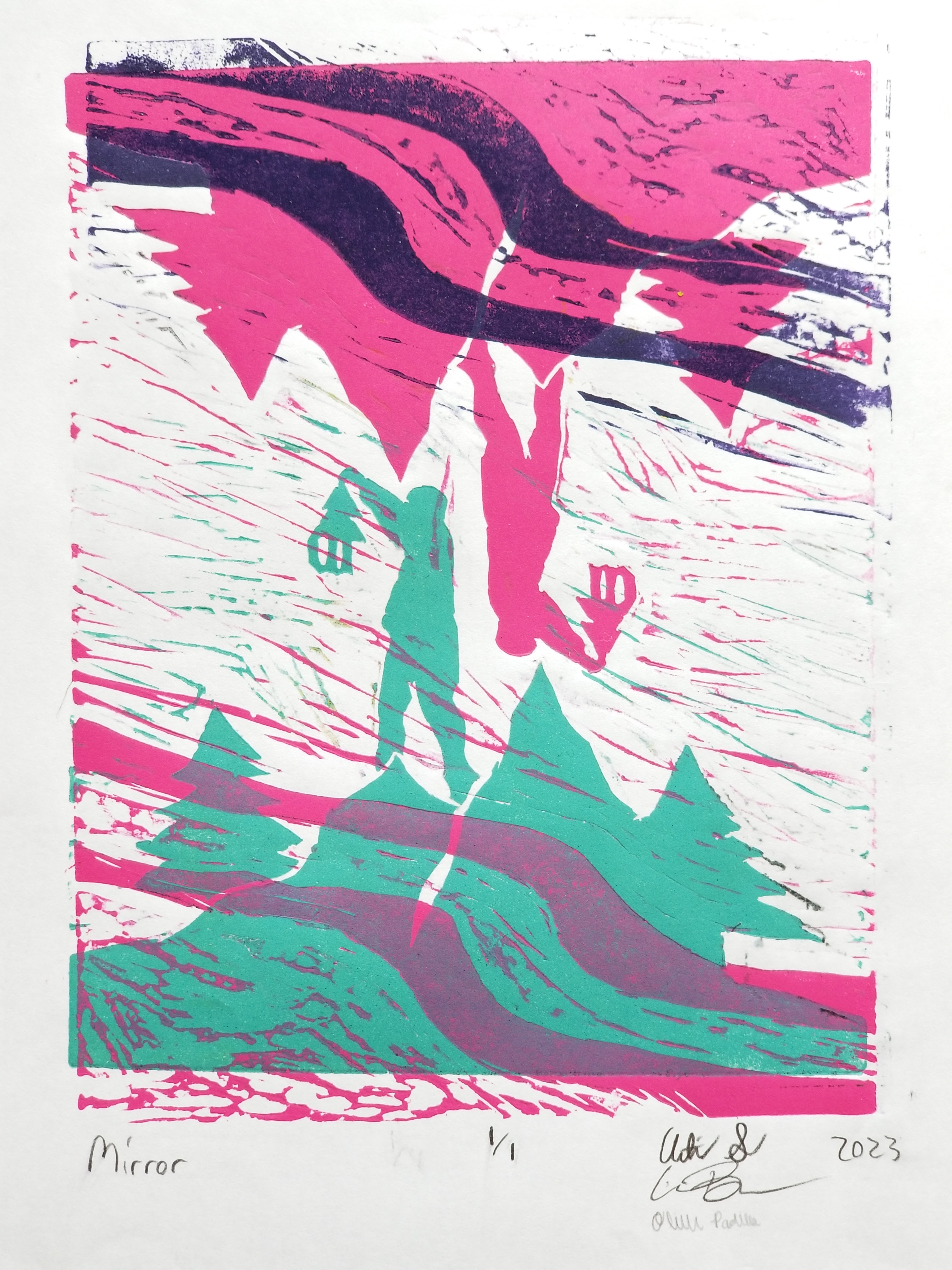 relief monoprint featuring mirrored imagery (top and bottom) in bold pink and teal colors