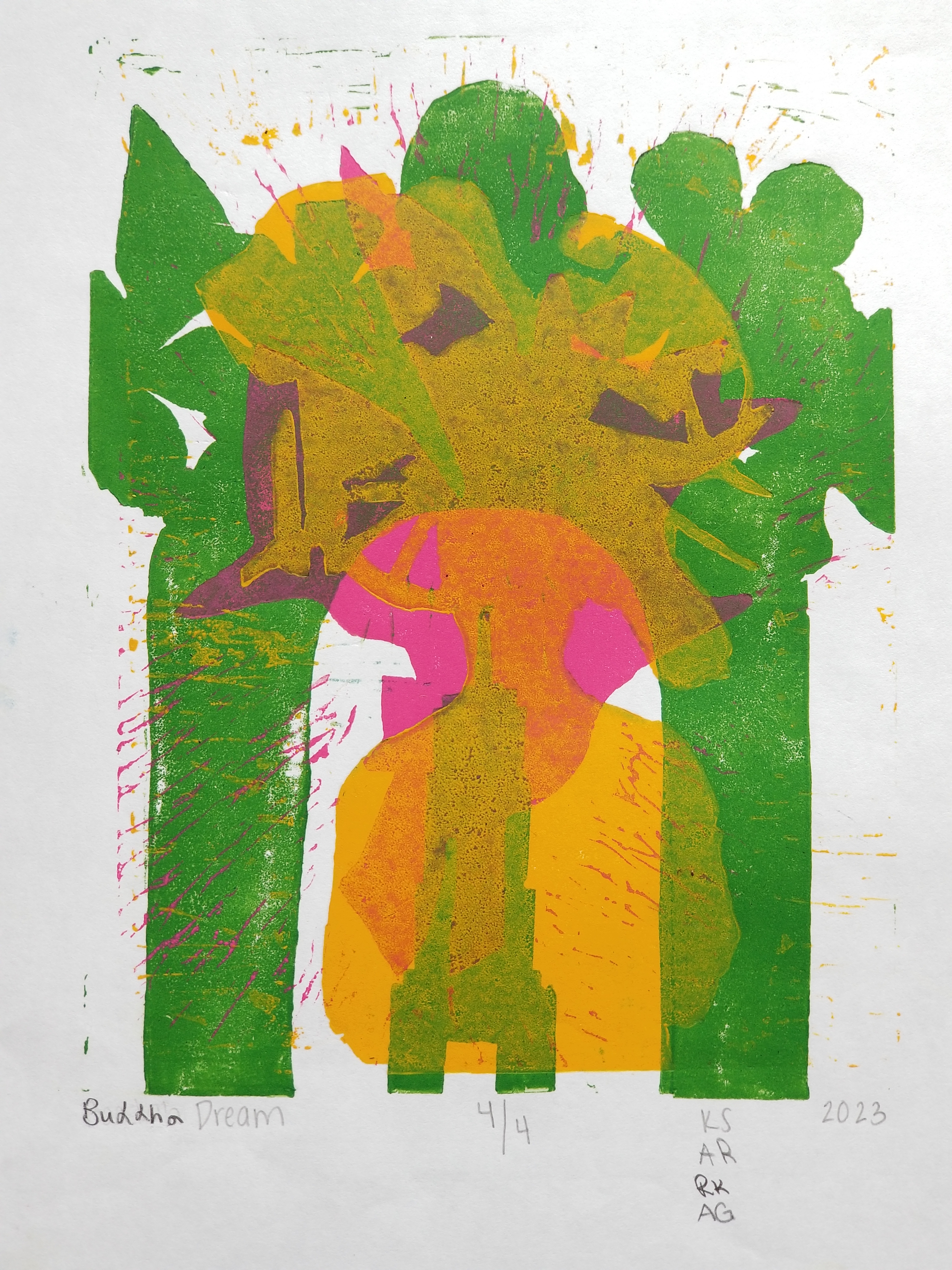 relief monoprint featuring layered, abstracted imagery in bold colors of green, yellow, and pink