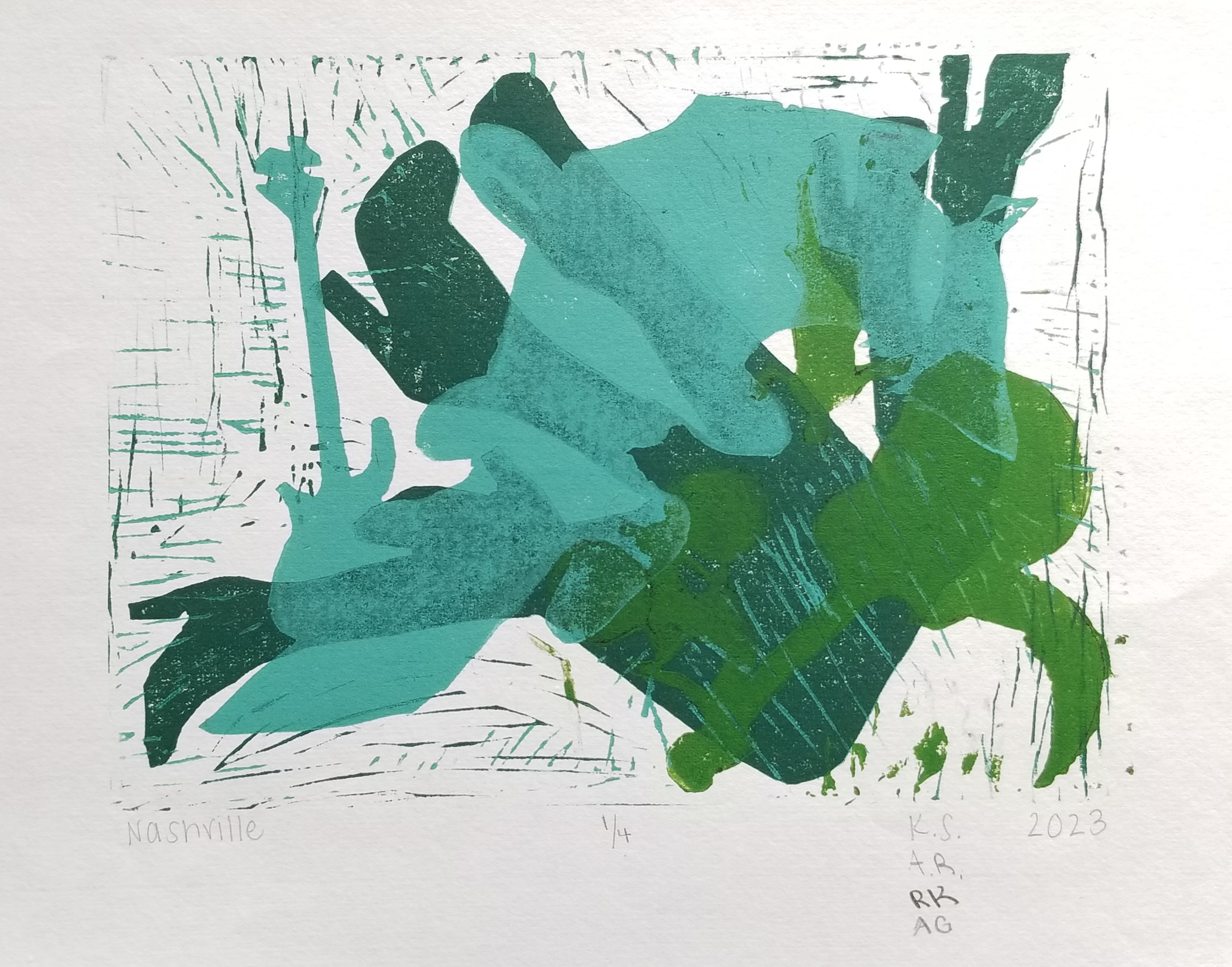 relief monoprint featuring abstracted imagery, with layers of cool colors (greens and teals)