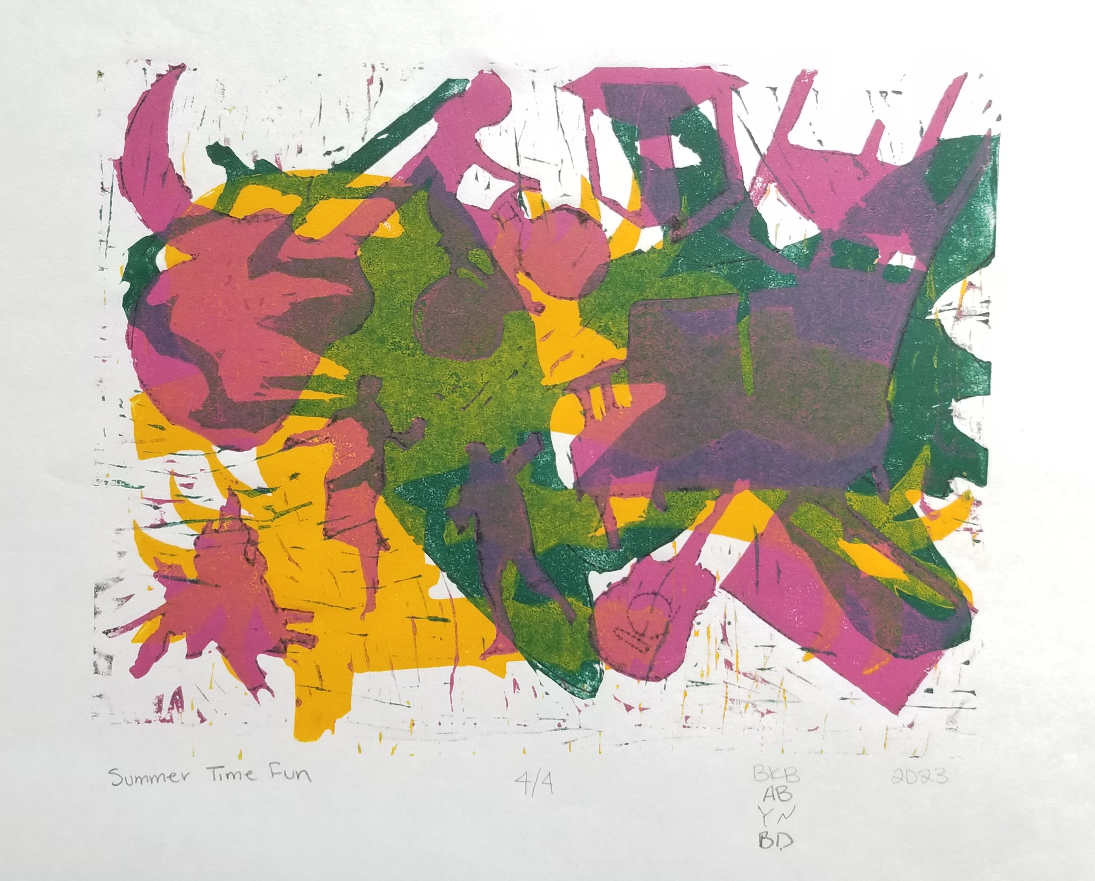 relief monoprint featuring abstracted, layered imagery - lots of implied movement - bold colors of pink, green, and yellow
