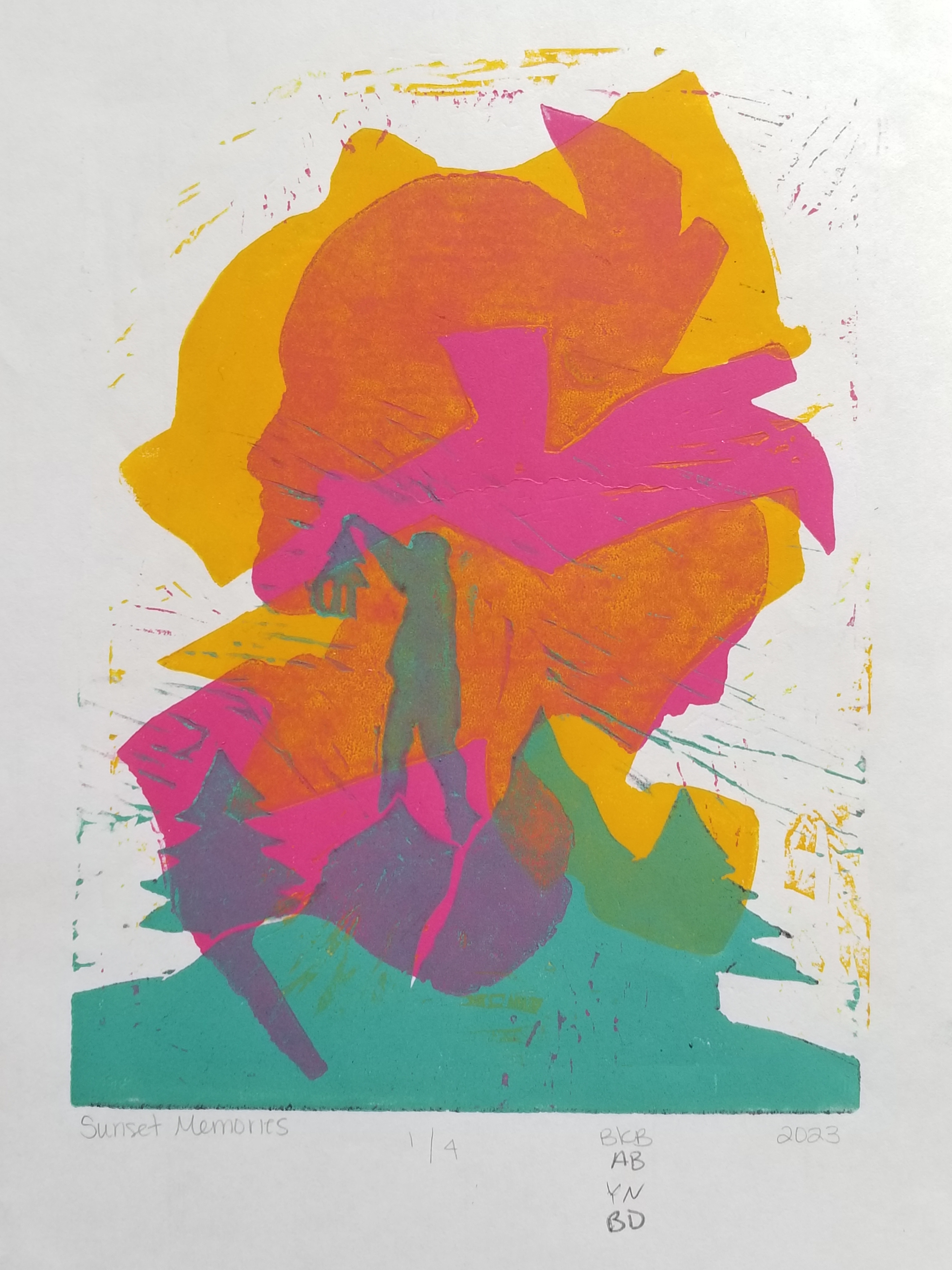 collaborative student relief monoprint - layers of abstract imagery in bold colors