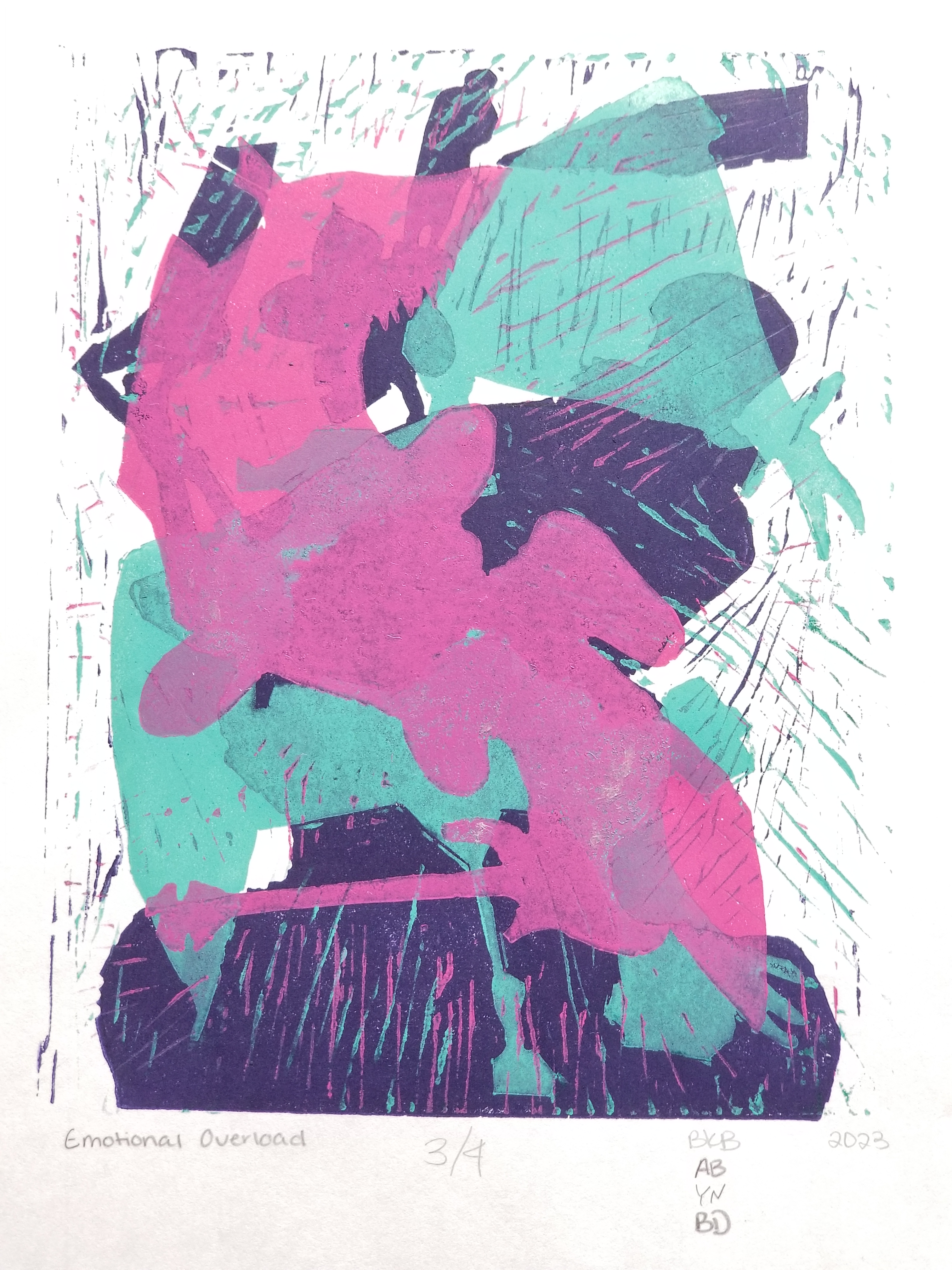relief monoprint featuring layers of abstracted imagery in bold colors of pink, turquoise, and violet