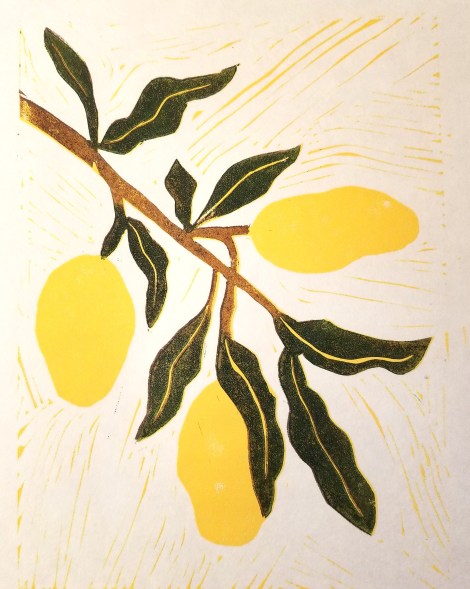 3-color reduction relief print (linocut) of yellow mangoes on a branch with dark green leaves