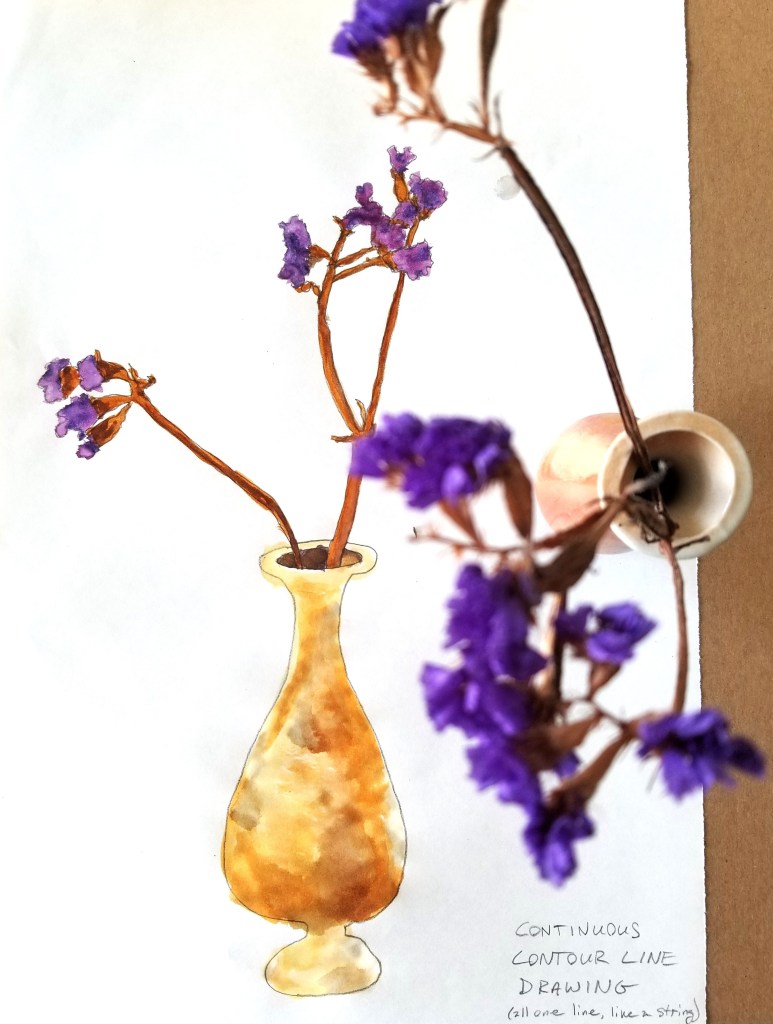 photo of dried purple flowers in vase with simple watercolor painting of said flowers and vase