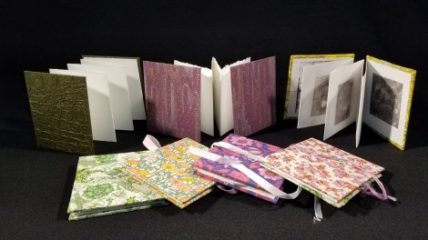 photo of several accordion-fold artist's books, some open on end and some closed and laying on their sides (in the foreground)