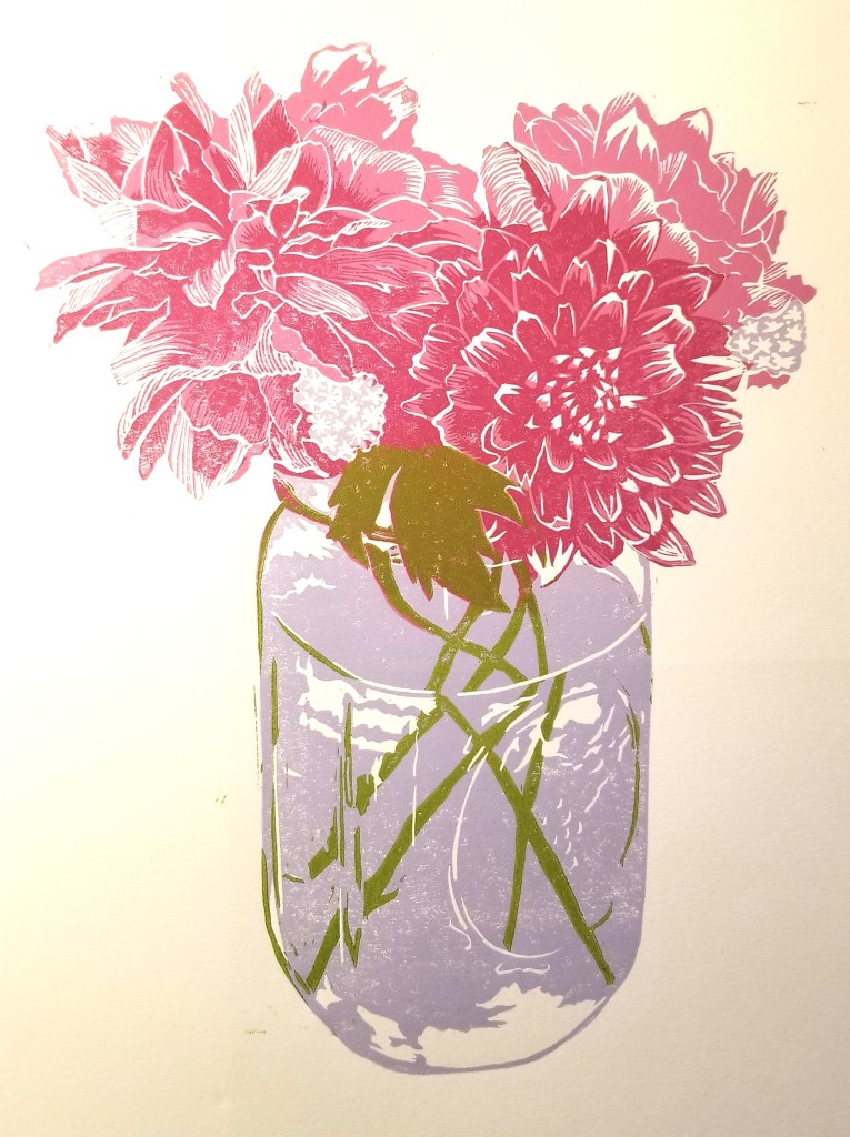 7-color reduction linocut of a floral bouquet in a Ball jar; image is very detailed and precise; colors are pinks, lavender, and green