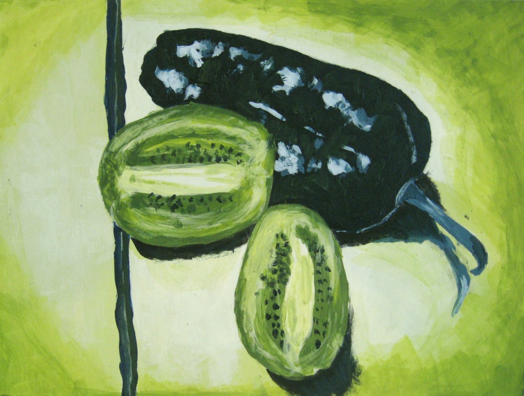 painting of a poblano pepper and kiwi cut lengthwise, all in greens